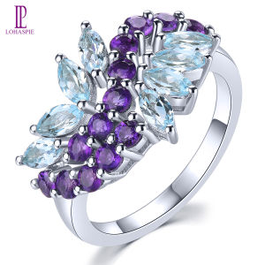 Lohaspie Jewelry Genuine 2.5 Carats Ring Silver 925 Original Sale Natural Sky Blue Topaz Ring 925 Silver Engagement Ring Women Fashion Ring Birthstone Ring Jewelry