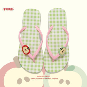 [Free Shipping] Thin Strap Summer Seaside Vacation Cute Flip-Flops For Women Ins-Style Color-Blocking Plaid Red Apple Flip-Flops