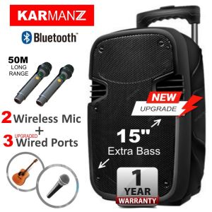 KARMANZ 15 inch Portable Trolley Speaker Amplifier Karaoke + 2 Wireless Mic