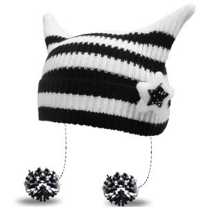 LEKGAVD Harajuku Cats Ears Knitted Hat Star Y2K Woolen Hat Cute Hip-hop Slouchy Knitted Beanies Winter