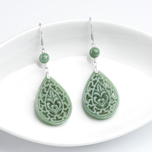 TIMESWIND with Certificate Green Natural Jade Hollow Women Tear Drop Earrings S925 Y1E