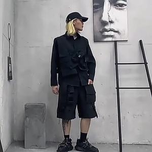 Cargo Shorts With Ribbon Belt Men Multi-Pockets Casual Hip Hop Shorts Goth Punk Short Pants Bermuda Homme