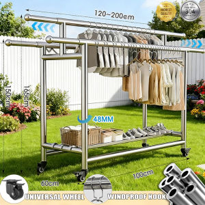 🔥304 Stainless steel🔥Clothes Drying Rack 3pole Telescopic Folding Clothes hanging rack with Wheels shoe Rak Ampaian baju Laundry Rack Penyidai Baju