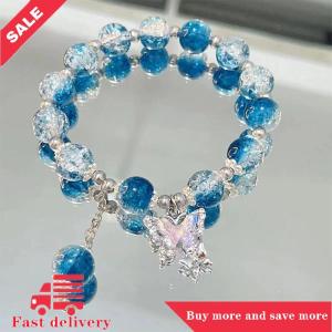 [COD] Crystal Butterfly Pendant Elastic Bracelet Colorful Glass Beads Bracelet For Women Girls Fashion Jewelry Gifts