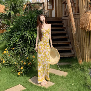 2026 Summer Women Twist‑Knot Tube Printed Vacation Waist‑Tightening Maxi Dress