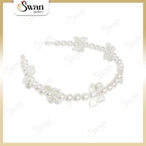 Bando Mutiara Bunga Pita Layer Bandana Putih Berlapis Mawar Aksesoris Rambut Ribbon Headband Pearl Flower Bow Elegant Fashion Premium