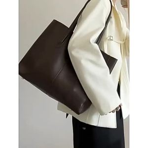 2025 NEW ARRIVAL stylish classic minimalist plain leather shoulder tote bag free pouch
