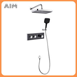 Sanitary Ware Bathroom Rainfall Shower System Rain Shower Head Thermostatic Hot & Cold Black Concealed Shower Set