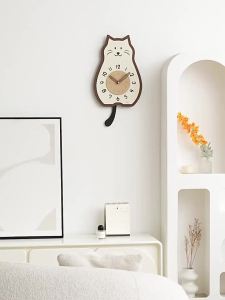 Cute Cat Shaped Wall Clock with Swinging Tail Silent Non-Ticking Quartz Clock Warm Backlight Clear Numerals Decor Wall Clock