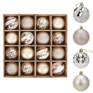 YERZ 16pcs Champagne Painted Christmas Balls Pendant 6cm Shatterproof Electroplated Hanging Balls Christmas Gifts Balls Plastic Xmas Tree Pendants Home New Year Decor