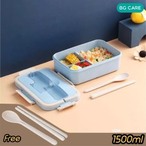 Nordic Style Wheat Straw 1.5L Lunch Box Bento with Handle Spoon & Chopsticks Storage Three Compartment Food Container