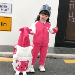 Winter Girls Cartoon Cat Clothing Sets Kids Thick Warm Pants Suit Children Plus Velvet Tracksuit Toddlers Hooded Vest 3Pcs 0-5Y