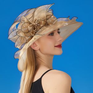 ZYJC Organza Mũ Derby nữ Rộng vành Hoa màu trơn Mũ đám cưới Tiệc trà cô dâu Sang trọng Có thể gập lại Mũ chống nắng nhún bèo mùa hè