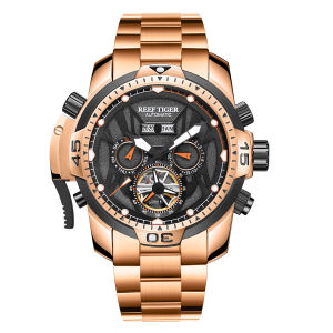 (OFFICIAL 3 Yrs WARRANTY) Reef Tiger/RT Sport Watch Complicated Dial with Year Month Perpetual Calendar Steel Bracelet Watches RGA3532
