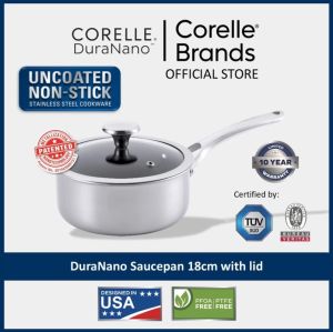 CORELLE DuraNano 18cm Sauce Pan Pot with Lid - Uncoated Non-Stick Stainless Steel Cookware (10 Years Warranty)