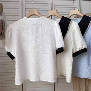 Áo Sơ Mi Đũi Xốp Nơ Đen Viền Ngọc Cực Xinh Đẹp