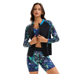 Womens Long Sleeve Swimwear Boyleg Three Pieces Printed Bathing Suit with Bra Zip Sun Protection Full Body Modest Swimsuit