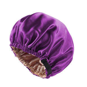Adjustable Double Layer Satin Bonnet Nightcap Doubleside Women Round Shower Caps Night Sleep Polyester Hat Solid Black Lining