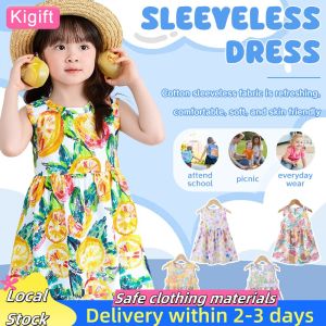 kigift Baby Girls Summer Fresh And Colorful Korean Style Sleeveless Vest Dress With Cartoon Pattern Decoration Suitable For Aged 1-7
