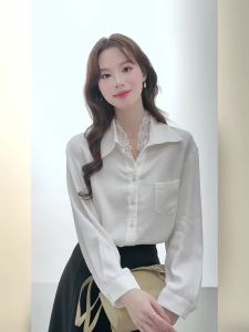 AMMIN 2025 Early Autumn New Embroidered Hollow Lace Patchwork Lapel Pocket Single-Breasted Long Sleeve Shirt for Women Korean Style Simple Solid Color Commuting Elegant Blouse