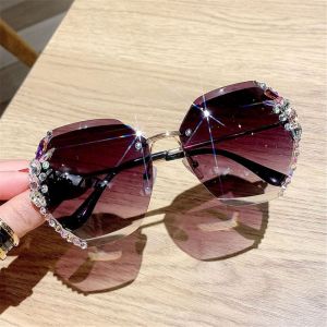 UV Protection Rimless Rhinestone Sunglasses Beach/Travel/Streetwear Shiny Gradient Shades Cutting Lens Sun Glasses for Women