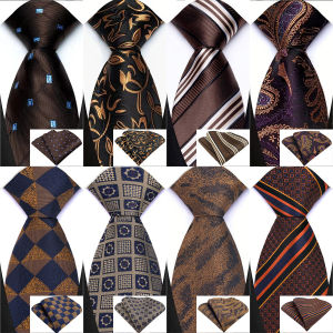 Mens Ties Handkerchief Set Business Formal Floral Stripes 8cm Brown Orange Pocket Square Necktie Set for Wedding Accessories