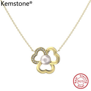 Kemstone สร้อยคอ S925เงินสเตอร์ลิงสร้อยคอจี้เงินชุบทองไข่มุกธรรมชาติ14K สำหรับเป็นของขวัญเครื่องประดับสำหรับผู้หญิง