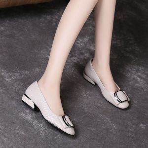 Free Shipping Shallow-Toe WomenS Shoes New Spring Collection Non-Slip Soft-Soled Comfortable Chunky-Heeled Small Leather Shoes Fashionable Round-Toe Design Suitable For Mothers