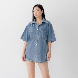 SJM KEMEJA OVERSIZE WANITA DUA SAKU KEREN LENGAN PENDEK BAHAN DENIM SNOW PREMIUM 2206