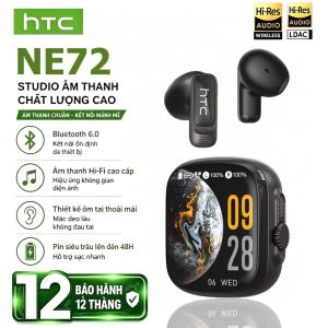 Tai nghe không dây đích thực HTC NE72 Bluetooth 5.4 được trang bị màn hình LCD thao tác cảm ứng tuổi thọ pin 30 giờ loa siêu trầm âm thanh nổi chế độ trò chơi và thể thao và tai nghe không dây công nghệ chống nhiễu