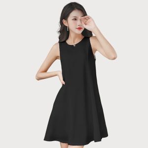 Muuv-It Elegant New Fashion Blue Sleeveless Dress Women Elegant A-Line Slim Pleated Tank Pockets Dress