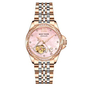 (OFFICIAL 3 Yrs WARRANTY) Reef Tiger/RT Top Brand Luxury Flower Diamond Women Steel Bracelet Automatic Relogio Feminino RGA1583