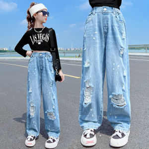 Rolanko Trouser Ripped Jeans for Kids Girls Baggy Jeans Pants Fashion Straight Trousers Wide Leg Pants  Childrens Casual Wear Bottom