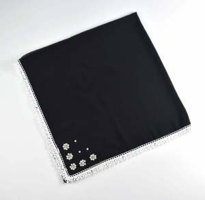 Jifang 90x90cm Floral White Pearls Decor Lace Brim Plain Bubble Chiffon Square Scarf Pashmina Muslim Hijabs Square Bawal WC06