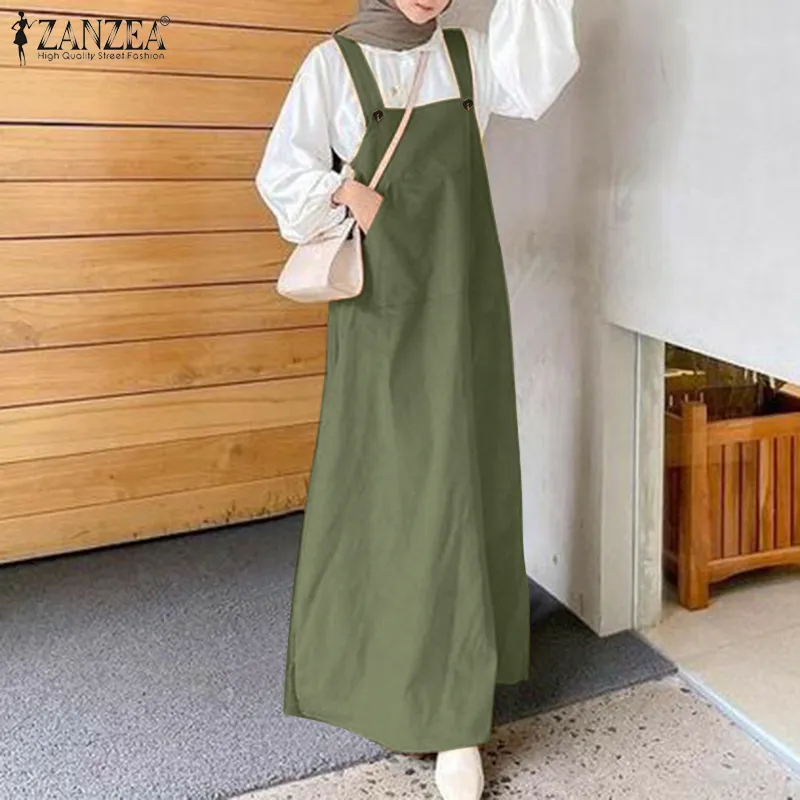 MOMONACO ZANZEA Muslimah Womens Muslim Strappy Button Up Solid Pinafore  Dress Ladies Long Maxi Dungaree Dresses