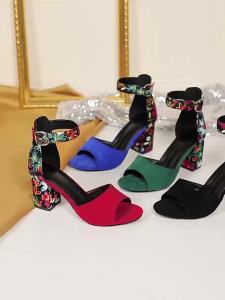 Color-Blocked Buckle Large Size High-Heeled Sandals New Summer Fish-Mouth Sandals Patterned Fashion Sandals