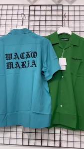 Green Blue Top Quality Silk Polyester Short Sleeve Shirt Men Women Summer Hawaiian Tee Classic Logo Embroidery Wacko Maria Shirt