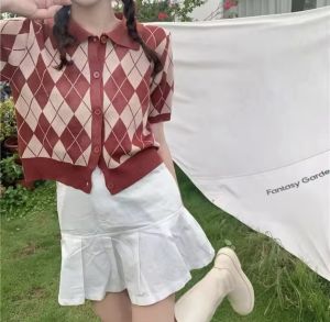 Fashion Korean style knitted polo shirt stylish top blouses for women on sale summer school cardigans
