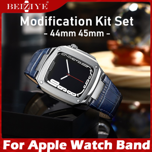 Đối với For apple watch series 8 7 dây đeo 44mm 45mm Vỏ kim loại sang trọng + Bộ sửa đổi dây da chính hãng Vỏ cho apple watch series 8 7 6 5 4 SE dây đeo + vỏ