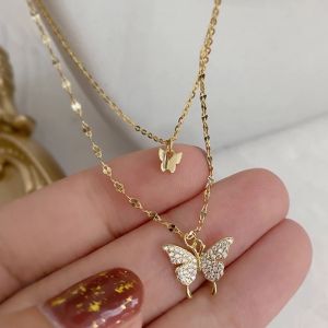 Multi-layer Shiny Bling Diamond Butterfly Necklaces For Women Teens Girls Layered Choker Chain Necklaces Fashion Jewelry