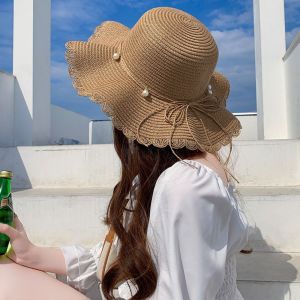 GOXBERK French Style Pearls Strap Straw Hat Wide Brim Spring Summer Folding Straw Hats Trendy Beach Womens Sun Hat Female