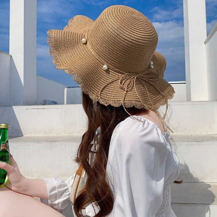 XEANG Xuân Hè Mũ Rơm quai ngọc trai Rộng vành Phong cách Pháp Mũ che ...