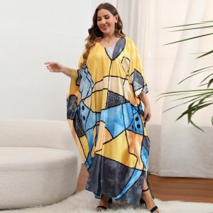 Dreamy Blue Kaftan Women Dress Abstractionism Designer Long Caftan Dubai Exclusive Luxury SilkLike Overall Tunic Robe Chic Cover Loose Maxi Dresses