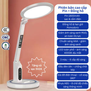 Đèn bàn học sinh bảo vệ mắt Pin 1800mAh cảm ứng 3 màu ánh sáng hẹn giờ Pomodoro có đồng hồ 5536