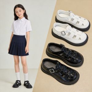 Cute Girls White Patent Leather Woven Toe-Covered Roman Shoes for School Y2K Preppy Style Fashion Kids Non-Slip Black Platform Mary Jane Princess Shoes Retro All-Match Hollow Round Toe Soft-Soled Small Leather Shoes Light Breath Comfort