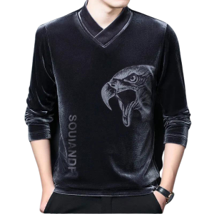 ZeroDis Spring and Autumn Mens Gold Velvet Sweater V-neck Printed Loose Long Sleeve Sweaters