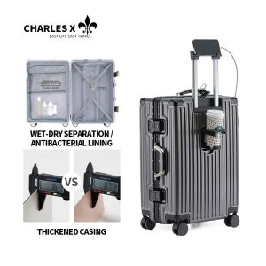 【Next Day】100% MAX Aluminum Frame Luggage Travel Bag Suitcase With Cup Holder USB Maleta 20/24