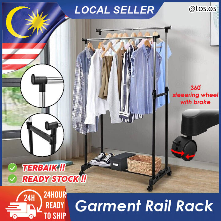 Adjustable Single Double Pole Clothes Rack Garment Hanging Rail Wheels ...