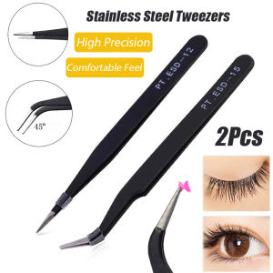 2PCS Professional Stainless Steel TweezersPrecision Thickened Anti-static Tweezers Oblique Mouth Metal Eyebrow Clip Precision Tweezer Set Eyebrow Clip Beauty Tools