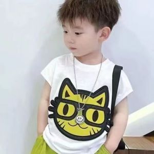 WANDER ชุดเด็กผู้ชาย เสื้อผ้าเด็กผช ลายการ์ตูนแมวน่ารัก ชุดเซ็ตสองชิ้นเสื้อแขนกุดและกางเกงกันยุงสำหรับเด็ก23730